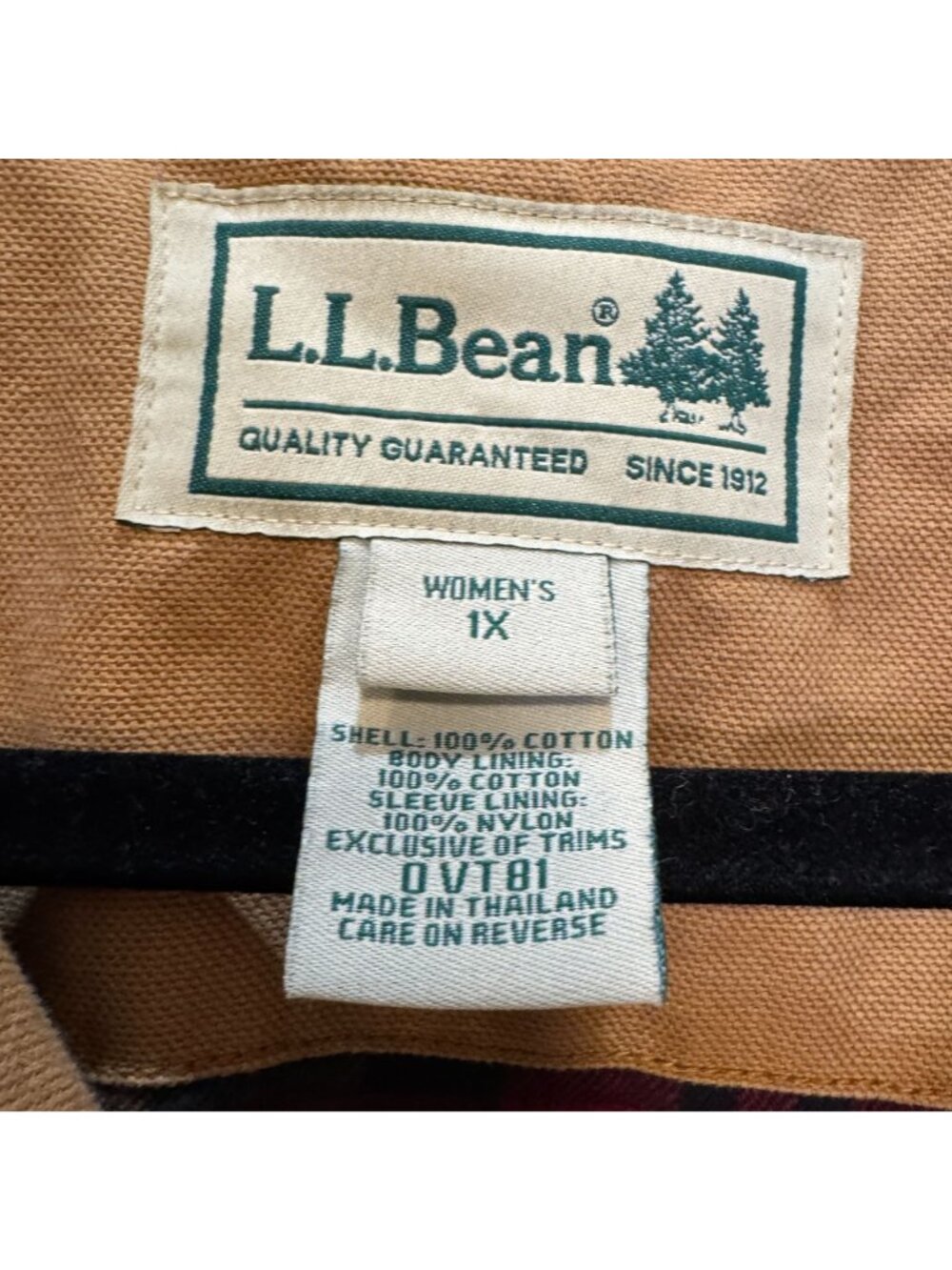 L.L. Bean Original Field Coat Womens 1X 1990s Tan Canvas Plaid Flannel Lining - Picture 2 of 14